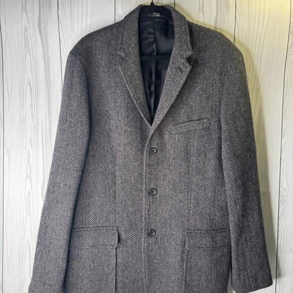J. Crew Sport Coat Men's 44 Long Herringbone Wool Overcoat Blazer Elbow Patches - Picture 2 of 11